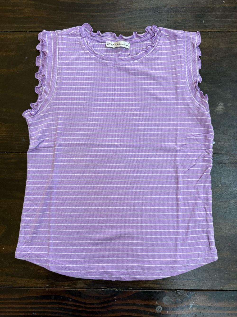 Zenana Outfitters Lavender & White Striped Ruffle Tank